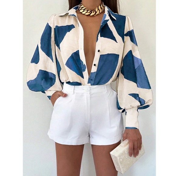 Beige Sheer Abstract Blue Print Button Up Shirt Long Bishop Sleeve Chiffon - Picture 3 of 5